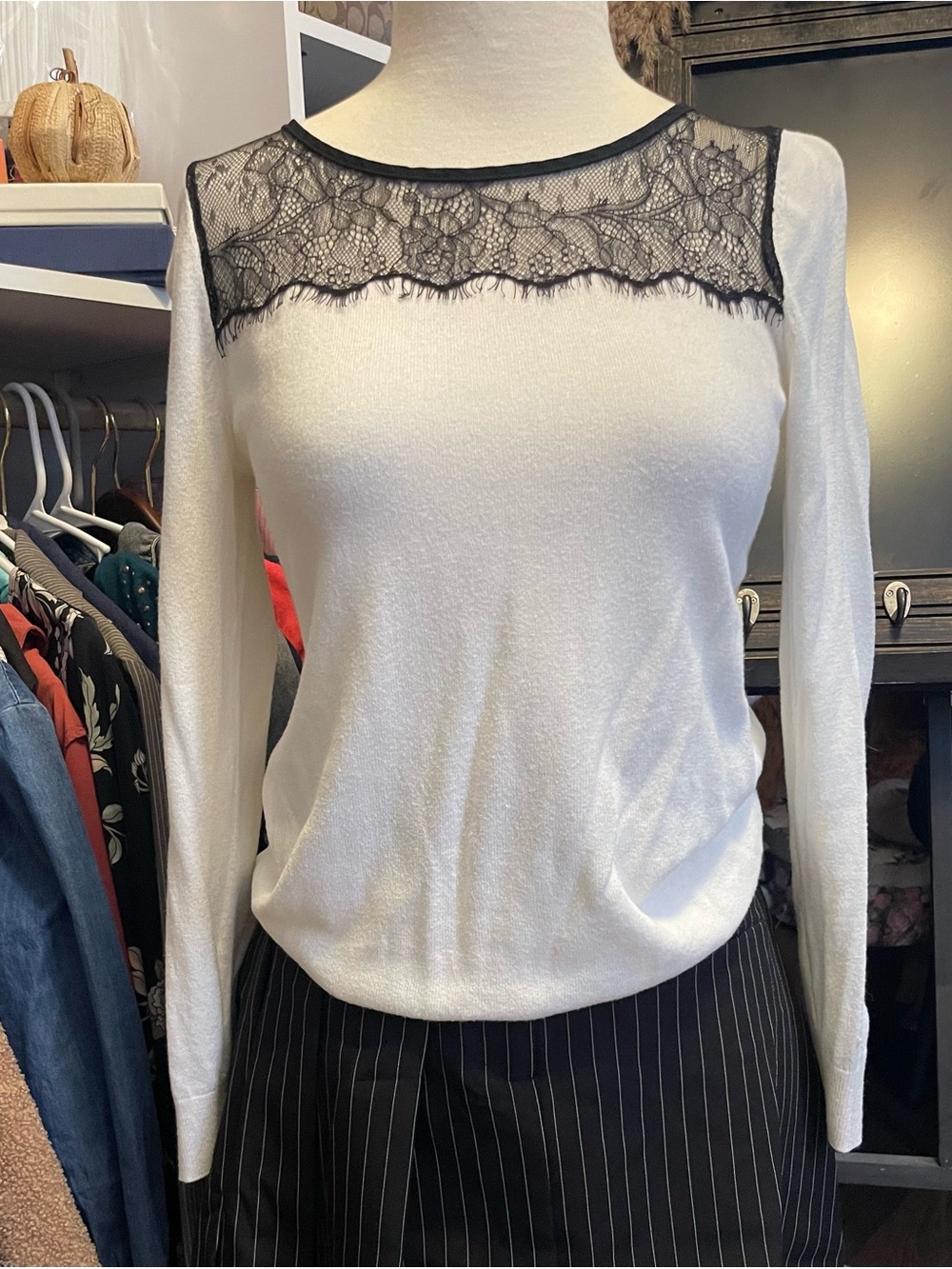 LOFT White Long Sleeve Top with Black Lace Yoke